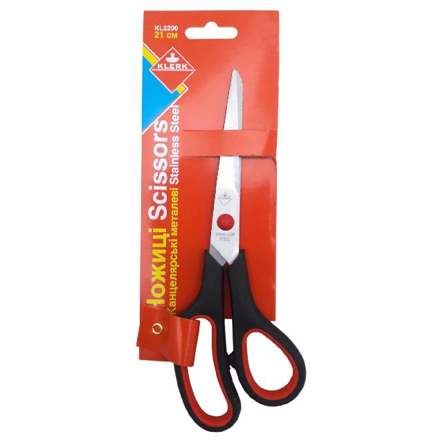 Ножиці канц. метал.; 21см; кол. ручок чор.; пласт.ручки з гум.вст.; карт. упак. з європідв.; арт. KL2200; KLERK