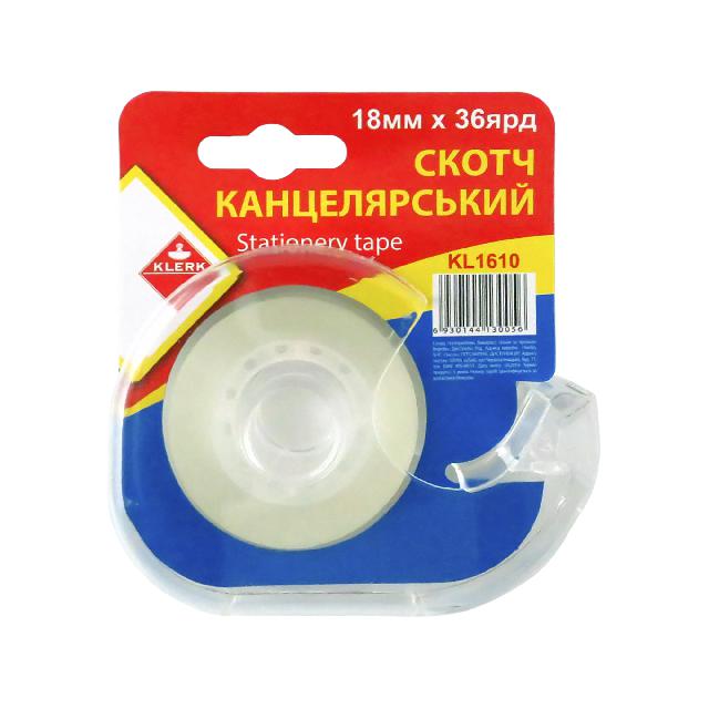 Стрічка клейка канцелярська; 18мм*36ярд.; у диспенсері; прозора; 40мкм; арт. KL1610; KLERK