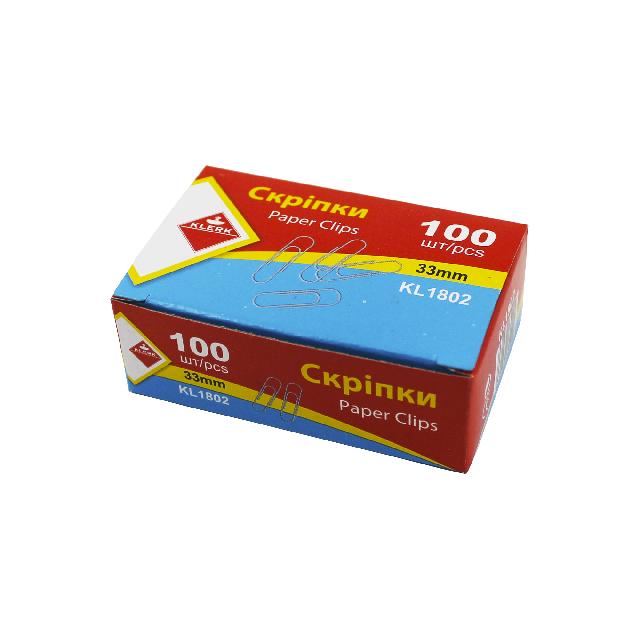 Скріпки канцелярські нікельовані; 33мм; (100шт у пач.); закруглені; картонна коробка; арт. KL1802; KLERK