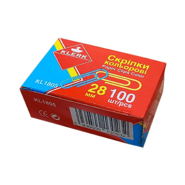 Скріпки канцелярські кольорові; 28мм; (100шт у пач.); закруглені; картонна коробка; арт. KL1805; KLERK