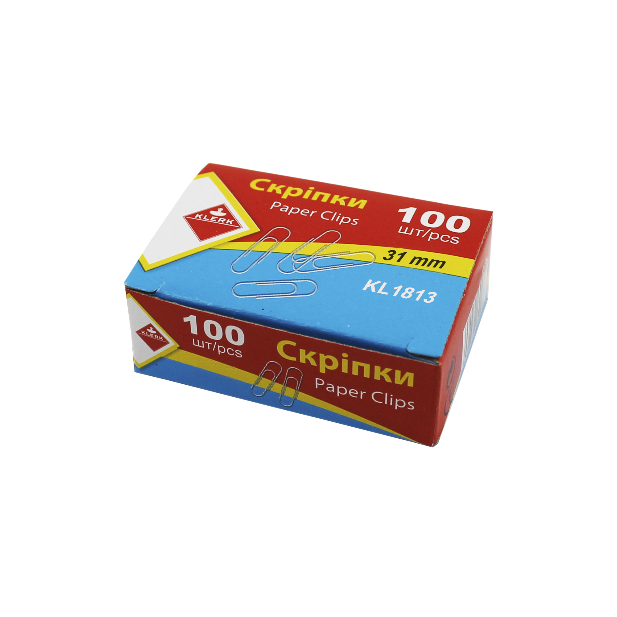 Скріпки канц. нікельовані; 31мм; (100шт у пач.); трикутні; карт.кор.; арт. KL1813; KLERK