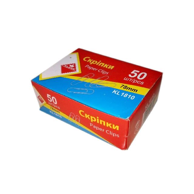 Скріпки канцелярські нікельовані; 78мм; (50шт у пач.); закруглені; картонна коробка; арт. KL1810; KLERK