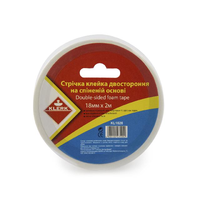 Стрічка клейка двостор. пінна основа, 18мм*2м арт.KL1626, KLERK