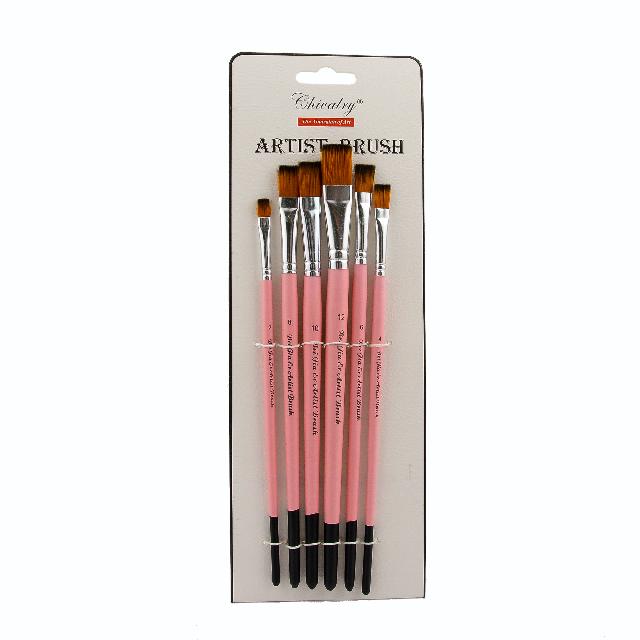 Пензлики синтетика плоскі; 6 шт. у наборі (№ 2,4,6,8,10,12); корпус пластик. рожевий; арт. CXQD-6_3; Chivalry