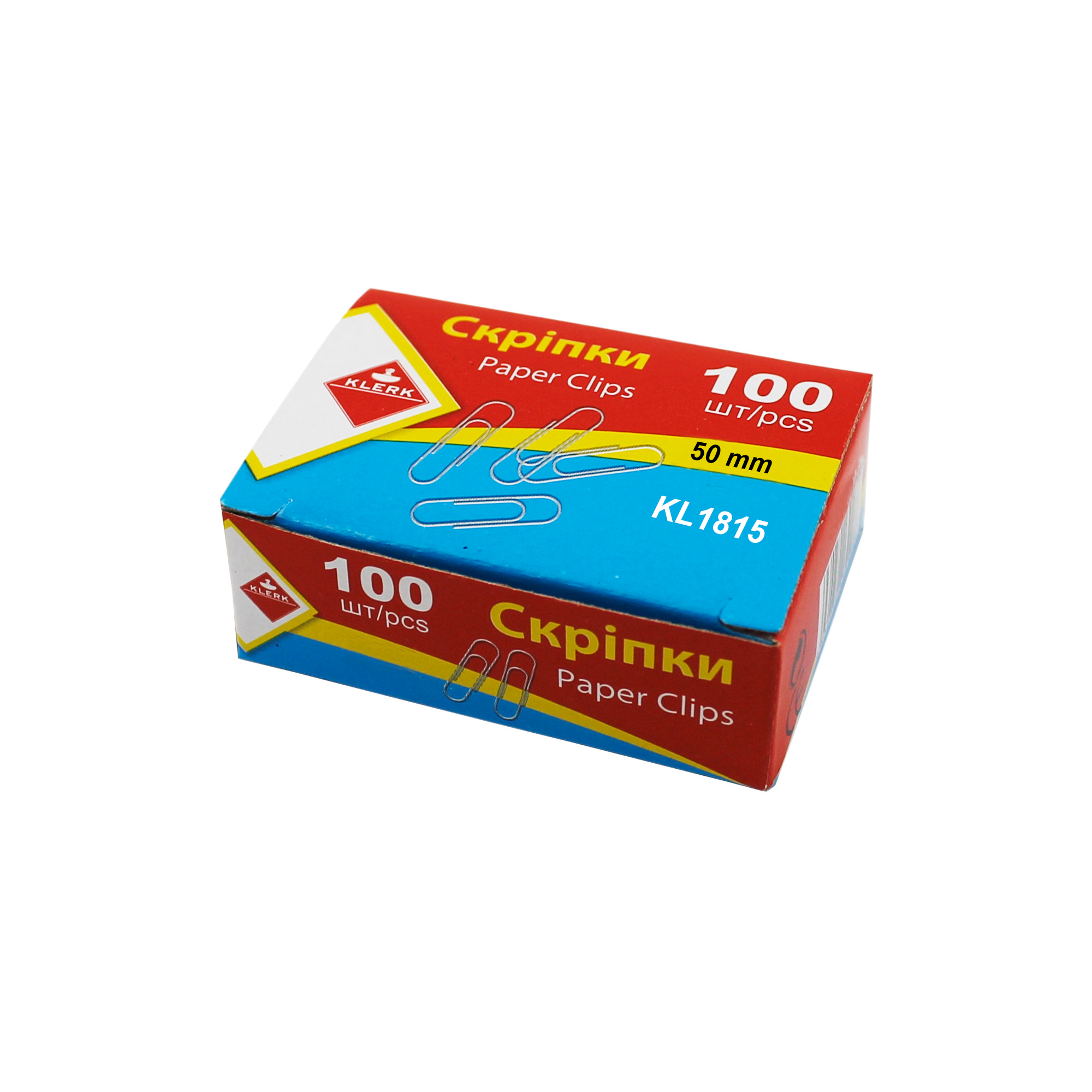 Скріпки канцелярські нікельовані; 50мм; (100шт у пач.); закруглені; картонна коробка; арт. KL1815; KLERK