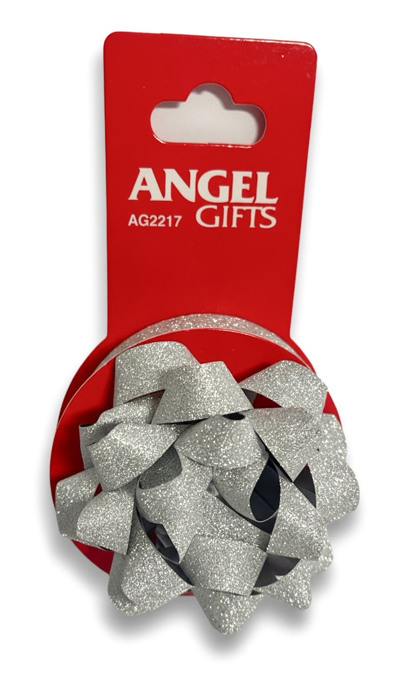 Бант та стрічка в наборі; глітер; колір срібло; 1 бант 6 см. + стрічка 1.5см*4м;  матеріал: поліпропілен; арт. AG2217; ANGEL GIFTS