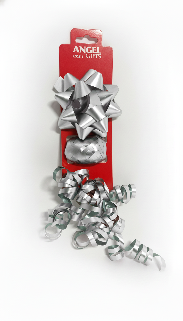Бант та стрічка-кокон в наборі; матовий; колір срібло; 2 банта 10, 15 см + стрічка 5мм*10м;  матеріал: поліпропілен; арт. AG2220; ANGEL GIFTS