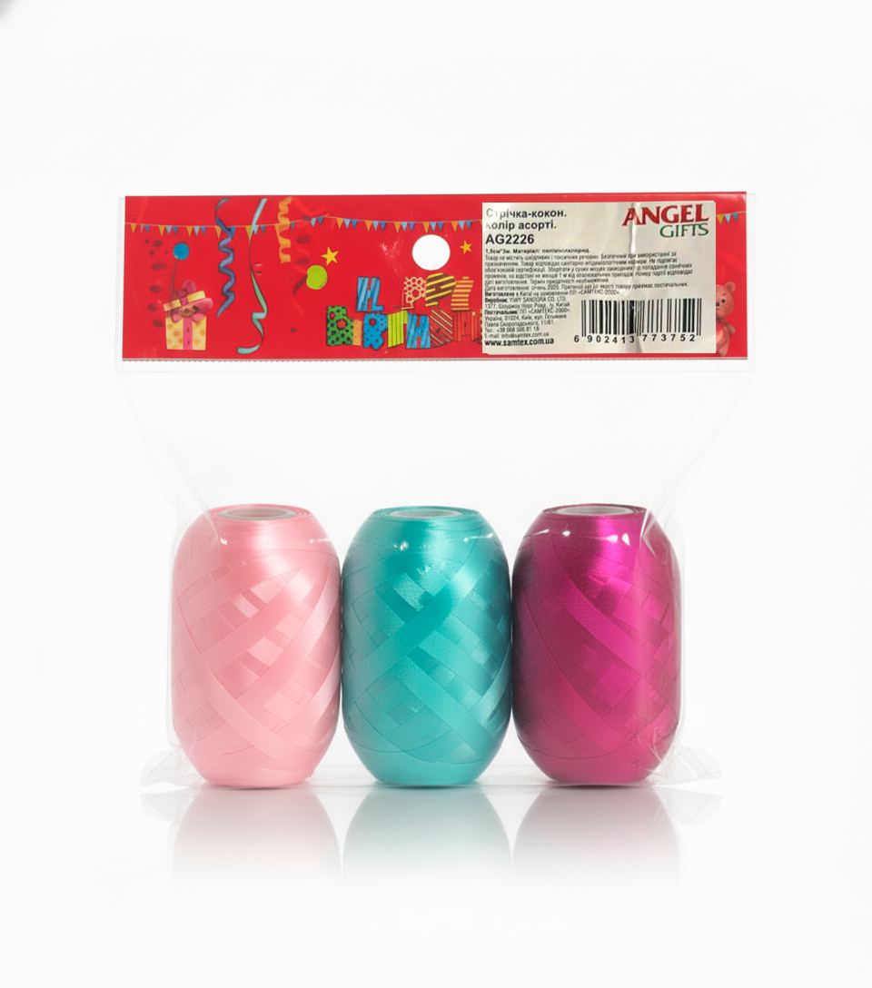Стрічка-кокон; в наборі 3шт; колір асорті; 5мм*10м; матеріал поліпропілен; арт.AG2226; ANGEL GIFTS