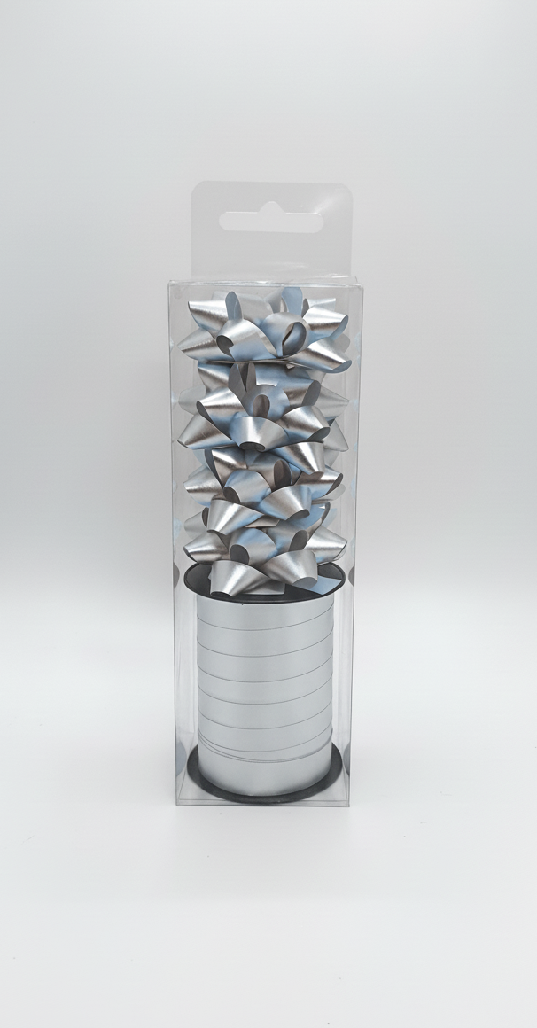 Бант та стрічка в наборі; колір срібло; 4 банти 5 см. + стрічка 1см*10м;  матеріал: поліпропілен; арт. AG2242; ANGEL GIFTS