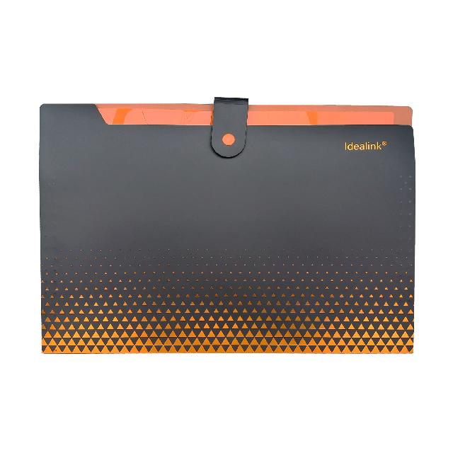 Папка пластикова на 8 відділень; на кнопці; з розширенням; А4; колір чорний з помаранчевим; арт. KL10531-3; KLERK