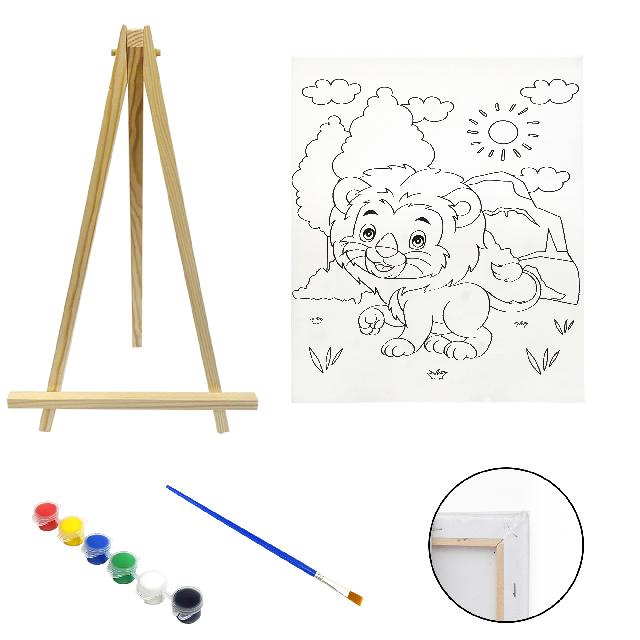 Полотно-розмальовка з контуром на дерев'яному підрамнику "Лев", 20*30см., мольберт + фарби + пензлик в наб., арт.QSA20*30-3