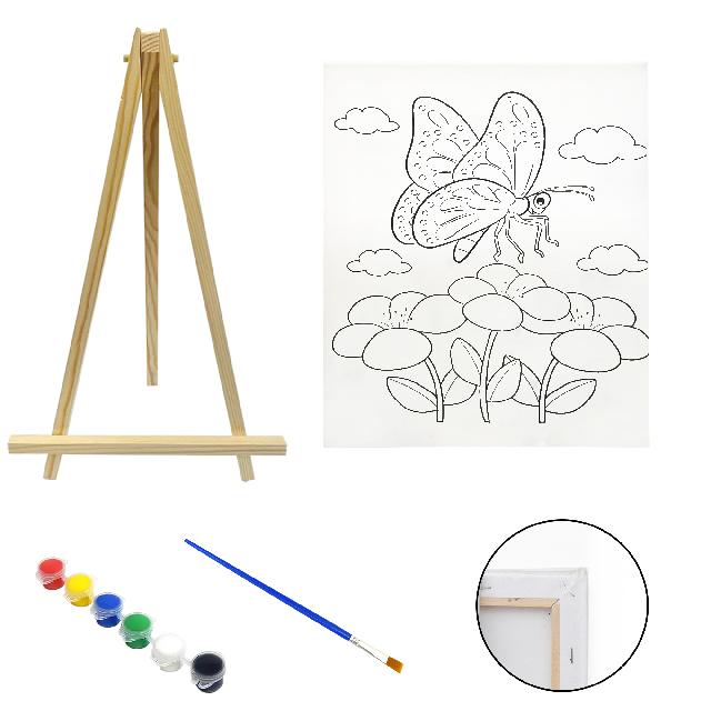 Полотно-розмальовка з контуром на дерев'яному підрамнику "Метелик на квітах", 20*30см., мольберт + фарби + пензлик в наб., арт.QSA20*30-7