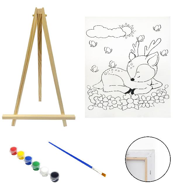 Полотно-розмальовка з контуром на дерев'яному підрамнику "Оленятко", 20*30см., мольберт + фарби + пензлик в наб., арт.QSA20*30-8
