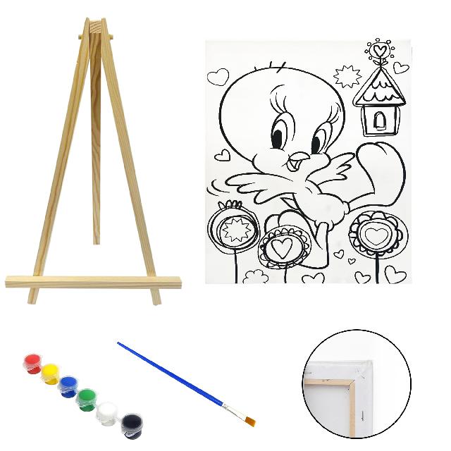 Полотно-розмальовка з контуром на дерев'яному підрамнику "Курчатко Твітті", 30*40см., мольберт + фарби + пензлик в наб., арт.QSA30*40-1