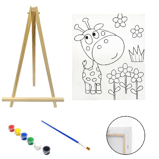 Полотно-розмальовка з контуром на дерев'яному підрамнику "Жираф у квітах", 30*40см., мольберт + фарби + пензлик в наб., арт.QSA30*40-7