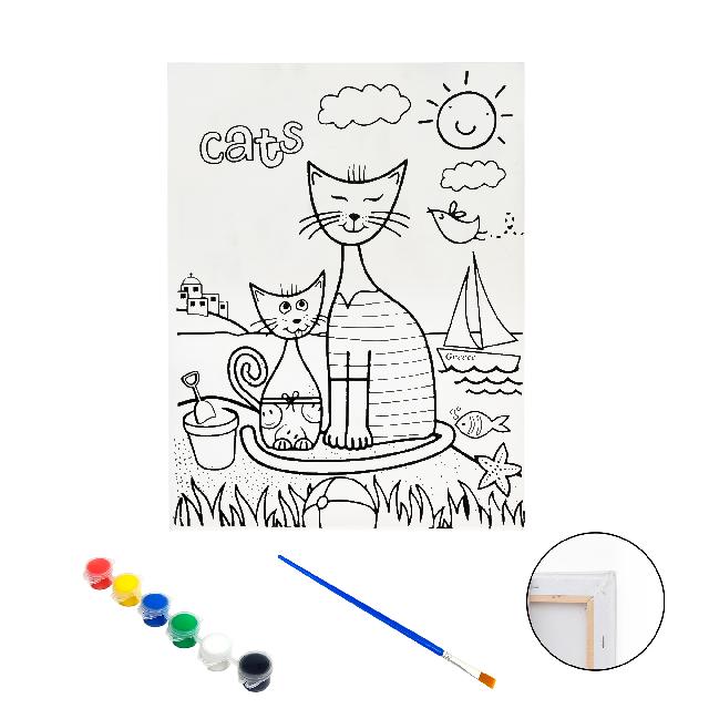 Полотно-розмальовка з контуром на дерев'яному підрамнику "Коти", 15*20см., фарби + пензлик в наб., арт.QS15*20-2