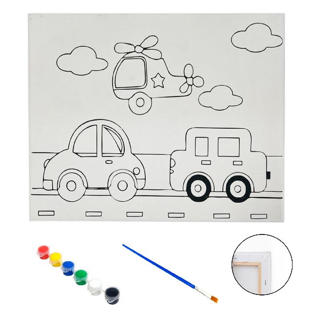 Полотно-розмальовка з контуром на дерев'яному підрамнику "Авто та гелікоптер", 15*20см., фарби + пензлик в наб., арт.QS15*20-3