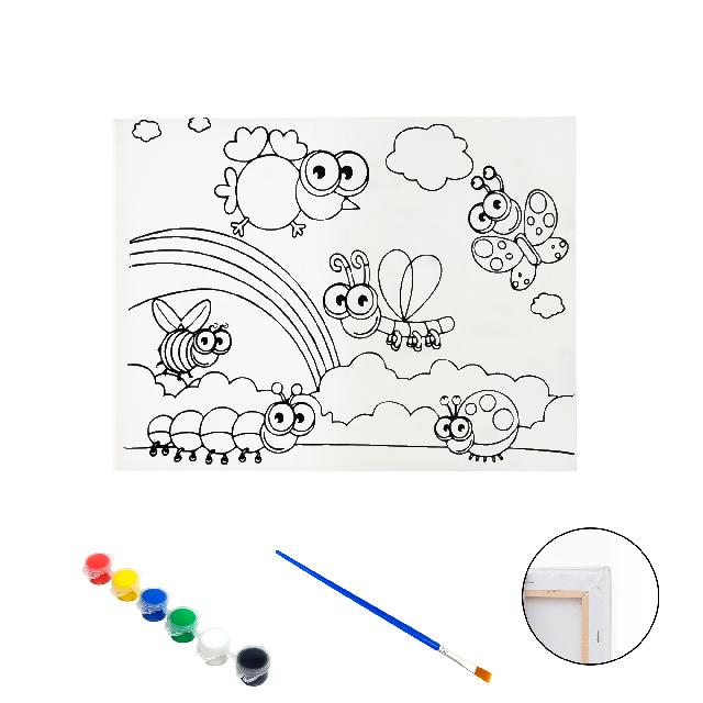 Полотно-розмальовка з контуром на дерев'яному підрамнику "Веселі комахи", 15*20см., фарби + пензлик в наб., арт.QS15*20-7