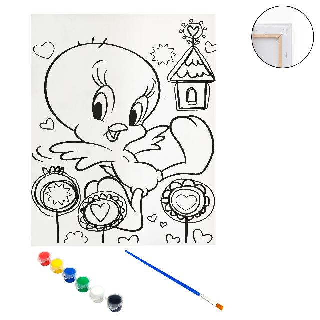 Полотно-розмальовка з контуром на дерев'яному підрамнику "Курчатко Твітті" 30*40см., фарби + пензлик в наб., арт.QS30*40-4