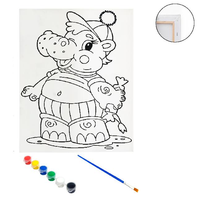 Полотно-розмальовка з контуром на дерев'яному підрамнику "Веселий бегемот" 40*50см., фарби + пензлик в наб., арт.QS40*50-2